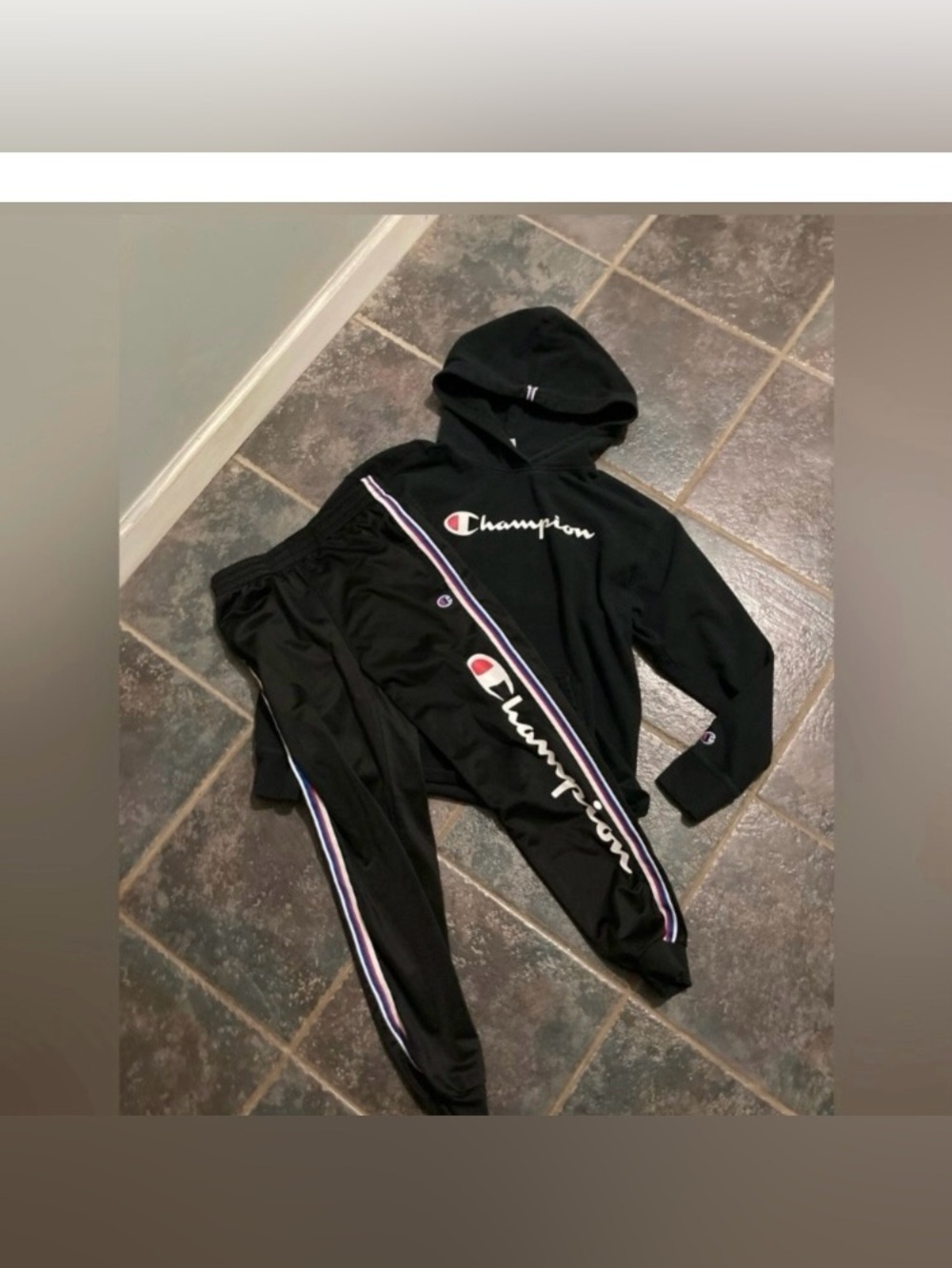 Champion Black Hoodie & Track Pants Set with White and Red Logo Youth Size M